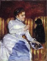 Woman on a Striped Sofa with a Dog
