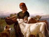 A Farm Girl with Three Calves and 'Silky'