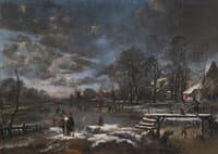 Skaters and Kolf Players on a Frozen River Bordering a Village