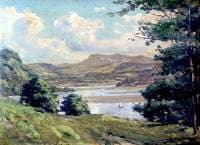 Mountainous Landscape and Lake with Boats