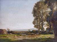 Flat Landscape with Trees and a Haystack