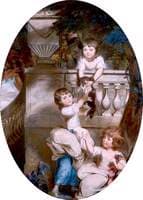 Three Young Girls on a Terrace with a Dog