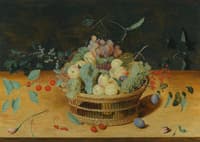 Still Life of Fruit in a Basket on a Ledge