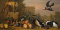 Landscape with a Capuchin Squirrel Monkey, Two Guinea Pigs, a Blue Tit and an Amazon Parrot