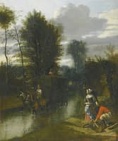 A wooded river landscape with a hay cart crossing a stream