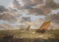 Dutch shipping in a stiff breeze with a view of Dordrecht beyond