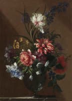 Bouquet of Flowers in Glass Vase on a Marble Ledge