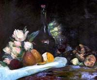 Still Life with Wine Bottle, Glass, Fruit and Flowers