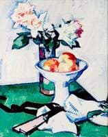 Still Life of Roses and a Bowl of Apples on a Green Tablecloth