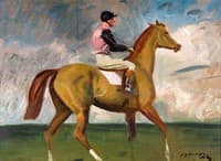 A Chestnut Racehorse with Jockey up in a Landscape