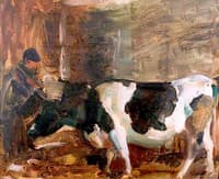 A Cow and a Figure in a Stable