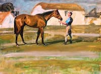 A Groom Holding a Bay Horse, near Stables