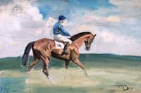 A Racehorse with Jockey up, Wearing Blue with Yellow Ribbon