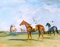 'Happy Laughter', a Chestnut Racehorse, with Jockey up in a Landscape