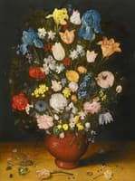 Still life with irises, tulips, roses, narcissi and fritillary in a ceramic vase