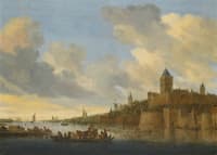 A view of the Valkhof at Nijmegen seen from the west, with a ferry crossing the river Waal