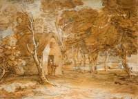 Wooded Landscape with Cottage, Figures and Boat on a Lake