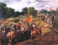 'With all their banners bravely spread'