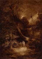 Moonlit Landscape with a Monk on a Wooded Path with a Palace in the Background