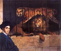 A Lion and a Tiger in a Cage with a Portrait of the Artist
