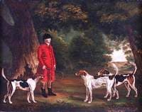 Thomas Sebright with Three Favourite Hounds Belonging to the New Forest Hunt in a Wooded Landscape