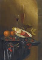 Still life with cherries, lemons, fraises-de-bois, oranges and two fine wine glasses, upon a marble table