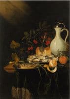 Still Life of Oysters and Fish, a Peeled Lemon, Cherries and a Jug