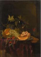 Still Life of a Melon, Grapes, Peaches and a Glass Roemer on a Partially-draped Table