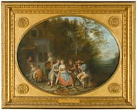 Scene Outside An Inn With a Woman Cutting Vegetables Being Accosted By a Man