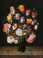 A still life of tulips, roses, bluebells, daffodils, a peony and other flowers in a glass roemer