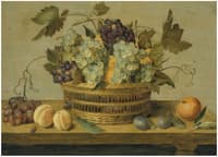 Nectarines and grapes in a basket on a table, with plums, oranges, a butterfly and a beetle