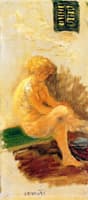 Woman Seated on a Bench in front of Closed Blinds