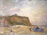Boat Hauled onto the Beach Below a Cliff