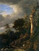 Oak Tree and Dense Shrubbery at the Edge of a Pond