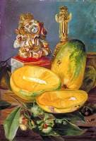 Foliage and Flowers of the Clove, Fruit of the Mango, and Hindoo God of Wisdom