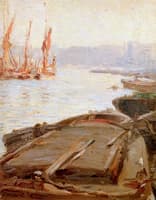 View of Barges and Sailboats in a Harbor