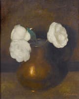 Still life of camellias in a copper pot