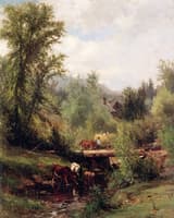 Cows Watering at a Stream