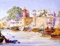 Nepalese Temple and Peepul Tree with Blue Pigeons Bathing, Benares, India