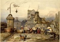 A courtyard with women washing clothes