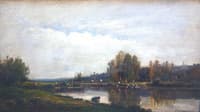 Washerwomen on the banks of a river