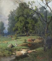 In a forest stream. Landscape with a herd