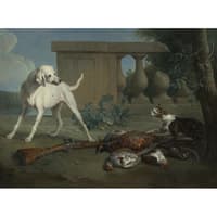 A Hound Protecting a Bag of Game from a Cat