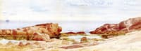 Rocky Shoreline with Sailboats Offshore