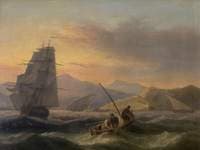 A Warship and Fishing Boats off the North African Coast