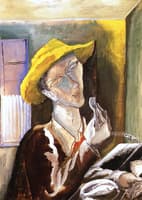 Man in a Yellow Hat with Fork, Glass and Seashell