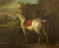 Two Horses by a Stable