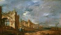 Ruined Buildings and Figures at the Edge of the Lagoon