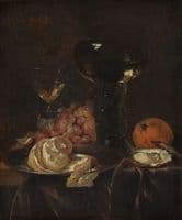 Still life with lemon, grapes and glasses
