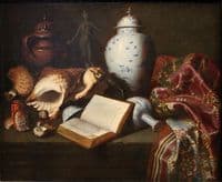 Still Life with Chinese vase, shells, antique bronzes, books and carpet
